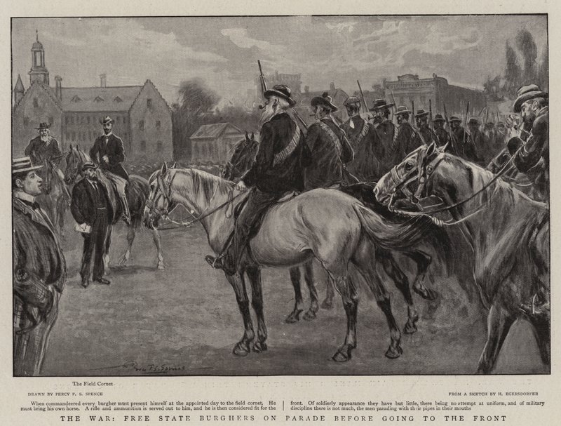 La guerra, i burghers dello Stato Libero in parata prima di andare al fronte da Percy F.S. Spence