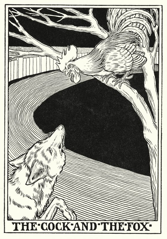 Favole di La Fontaine: Il gallo e la volpe (litografia) da Percy James Billinghurst
