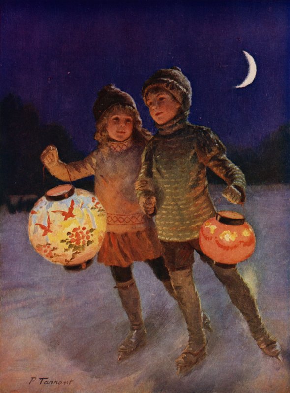 Ragazzo e ragazza che pattinano con lanterne fatate di notte da Percy Tarrant