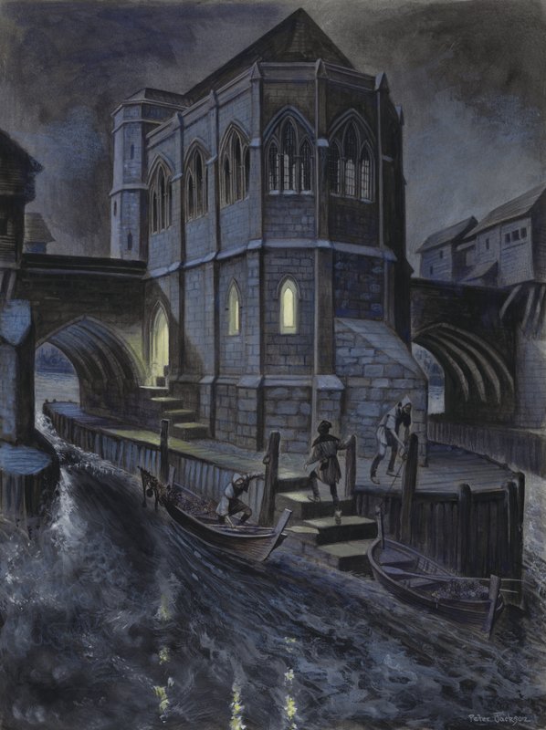 Ricostruzione immaginaria della prima cappella sul Ponte Vecchio di Londra da Peter Jackson