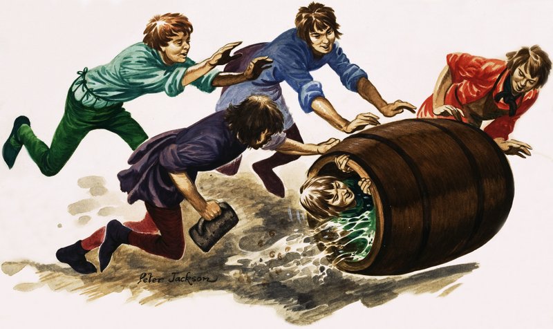 Un apprendista appena qualificato viene bagnato nella birra e rotolato in una botte da Peter Jackson