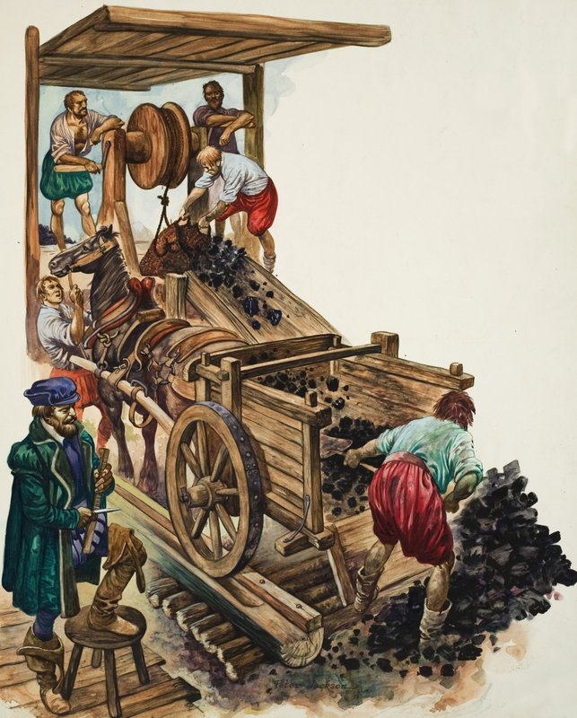 Un addetto al conteggio segna quanti carichi di carbone lasciano la miniera mentre un minatore riempie un carrello e altri ne issano altri in superficie (gouache su carta) da Peter Jackson