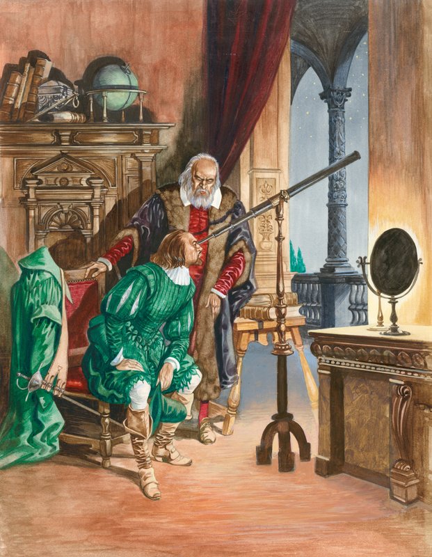 Galileo, ormai cieco, lascia che un amico guardi le stelle attraverso il suo telescopio dal balcone del suo studio a Pisa da Peter Jackson