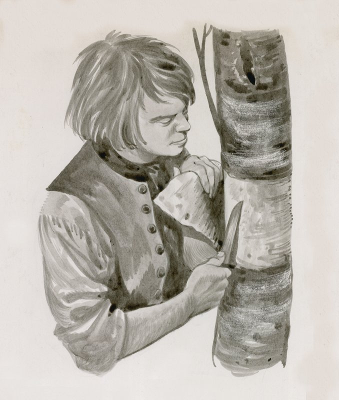 George Washington che sbuccia la corteccia di un albero per scrivere da Peter Jackson
