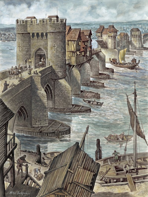 Ricostruzione che mostra Old London Bridge pochi anni dopo la sua costruzione, vista nord-ovest da Peter Jackson
