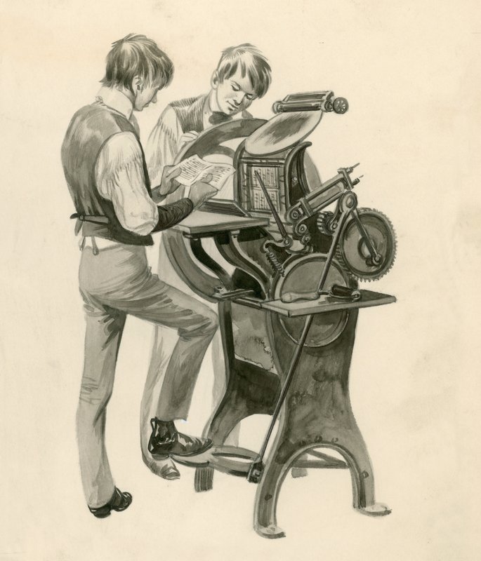 I Fratelli Wright da ragazzi, stampando il loro giornale chiamato The Midget. Opera originale per Treasure da Peter Jackson