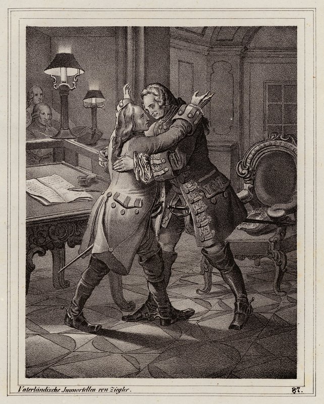 Eugenio di Savoia abbraccia il Duca di Marlborough, Guerra di successione spagnola da Peter Johann Nepomuk Geiger