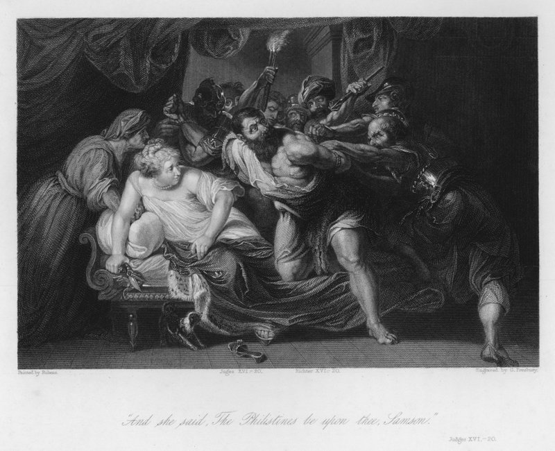Sansone tradito da Dalila, Giudici XVI, 20 (incisione) da Peter Paul (after) Rubens