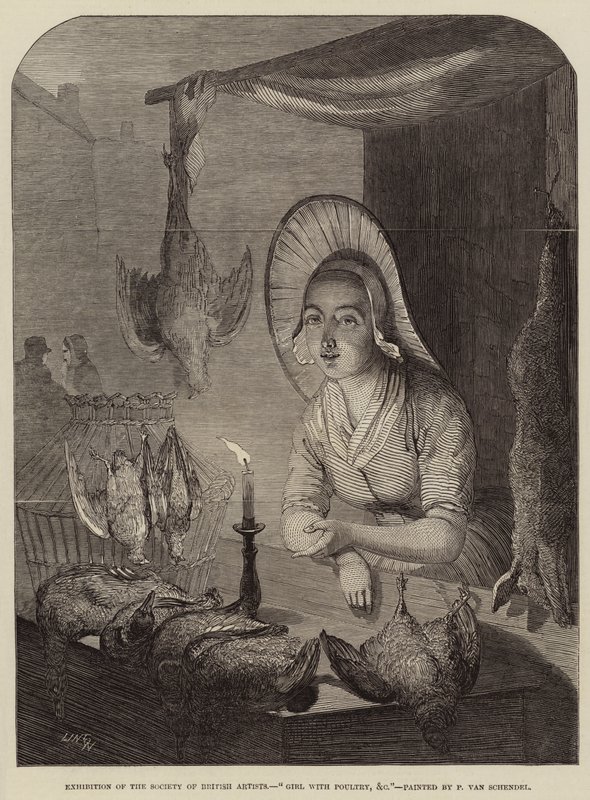 Ragazza con pollame da Petrus van Schendel