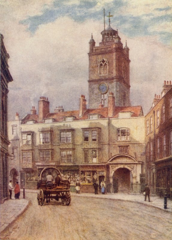 Torre della chiesa di St Giles, Cripplegate, e vecchie case in Fore Street, 1884 da Philip Norman
