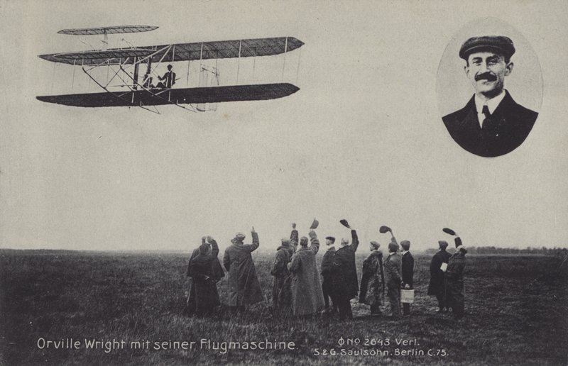 Aviatore americano Orville Wright e la sua macchina volante da Photographer German