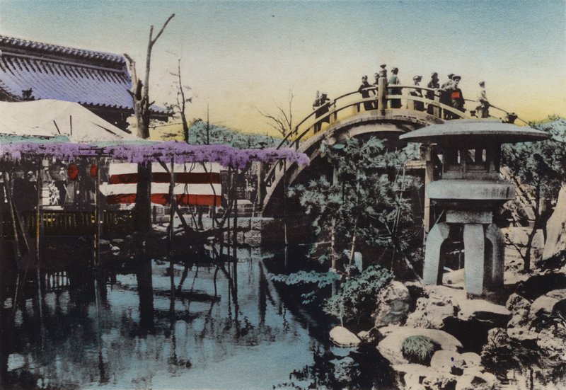 Giappone, c.1912: Terreno del Tempio di Kameido noto per i fiori di glicine a maggio e il Ponte del Tamburo da Photographer Japanese