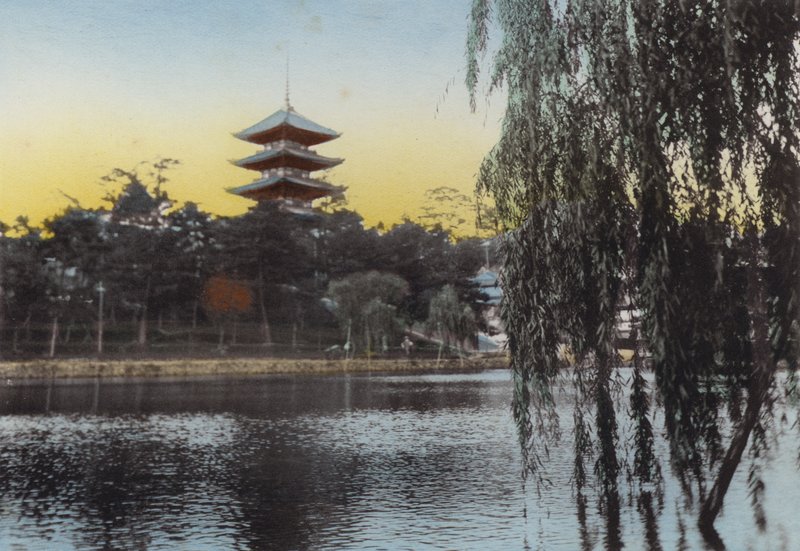 Giappone, c.1912: Vista della Pagoda a Nara dal Lago Sarusawa da Photographer Japanese