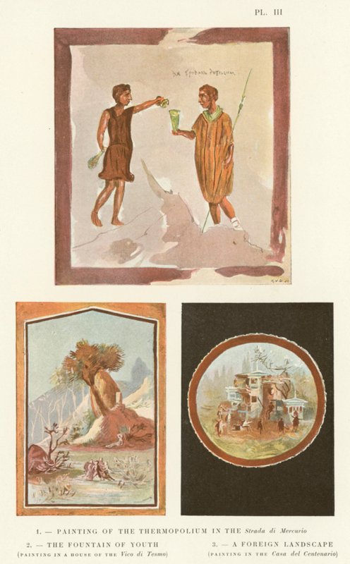 Dipinto del Thermopolium nella Strada di Mercurio, La Fontana della Giovinezza, Un Paesaggio Straniero (litografia a colori) da Pierre Gusman