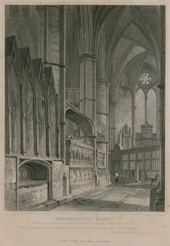 Vista della navata sud che mostra il Monumento di Sebert, Abbazia di Westminster da Pieter Jansz. Quast
