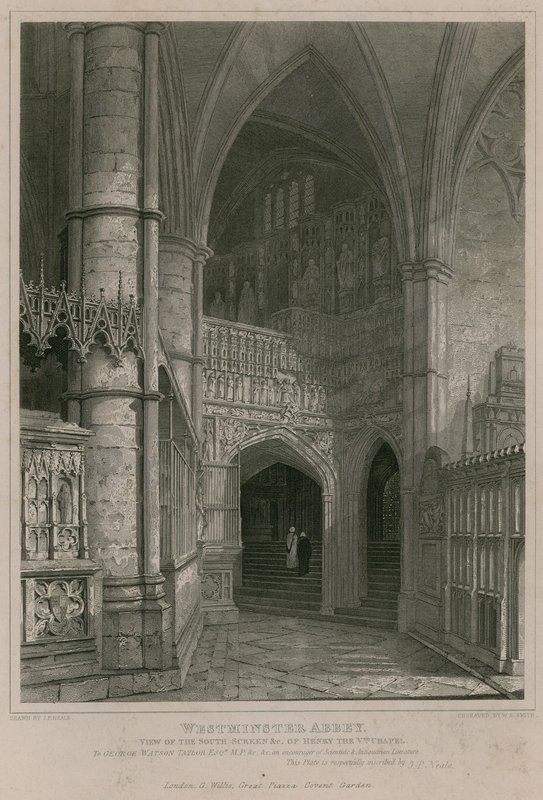 Vista dello schermo sud della Cappella di Enrico V, Abbazia di Westminster da Pieter Jansz. Quast