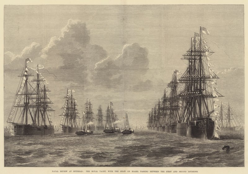 Revisione navale a Spithead, il Royal Yacht, con lo Scià a bordo, che passa tra la prima e la seconda divisione da R. Dudley