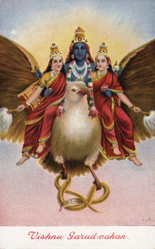 Il dio indù Vishnu, che cavalca il suo veicolo Garuda da Raja Ravi Varma