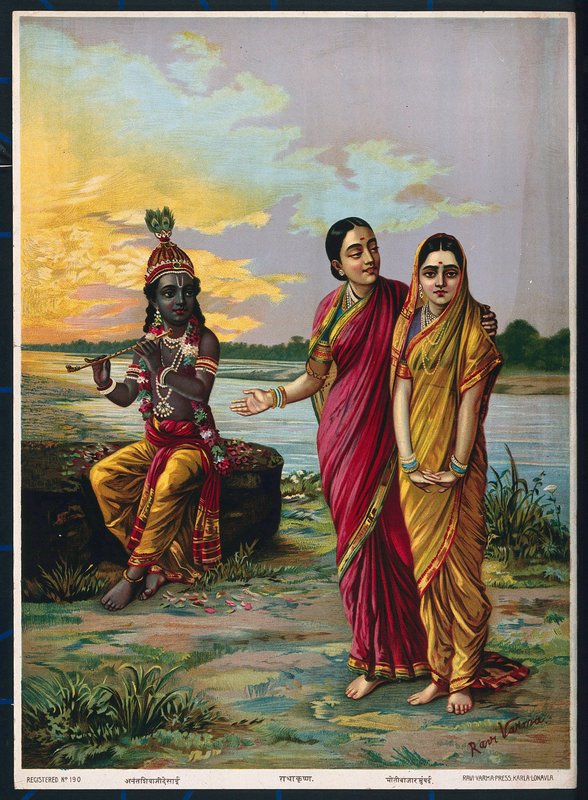 Krishna che dichiara il suo amore per Radha tramite una confidente, dopo il 1900 da Raja Ravi Varma