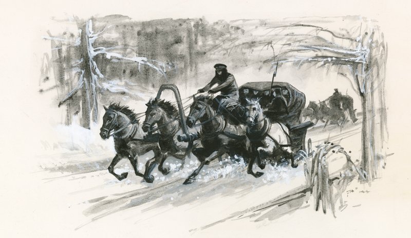 Dostoievski e i suoi compagni di prigionia furono impacchettati in slitte chiuse per il lungo viaggio verso la Siberia. da Ralph Bruce
