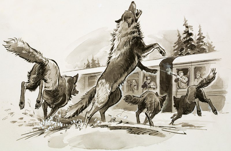 I passeggeri di un treno innevato combattono contro i lupi affamati (gouache su carta) da Ralph Bruce