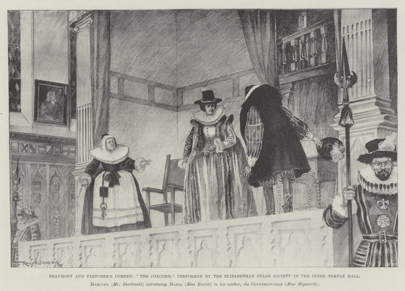 La commedia di Beaumont e Fletcher, Il Coxcomb, rappresentata dalla Elizabethan Stage Society nella Inner Temple Hall da Ralph Cleaver