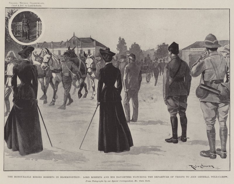 Le onorevoli signorine Roberts a Bloemfontein, Lord Roberts e le sue figlie che osservano la partenza delle truppe per unirsi al generale Pole-Carew da Ralph Cleaver