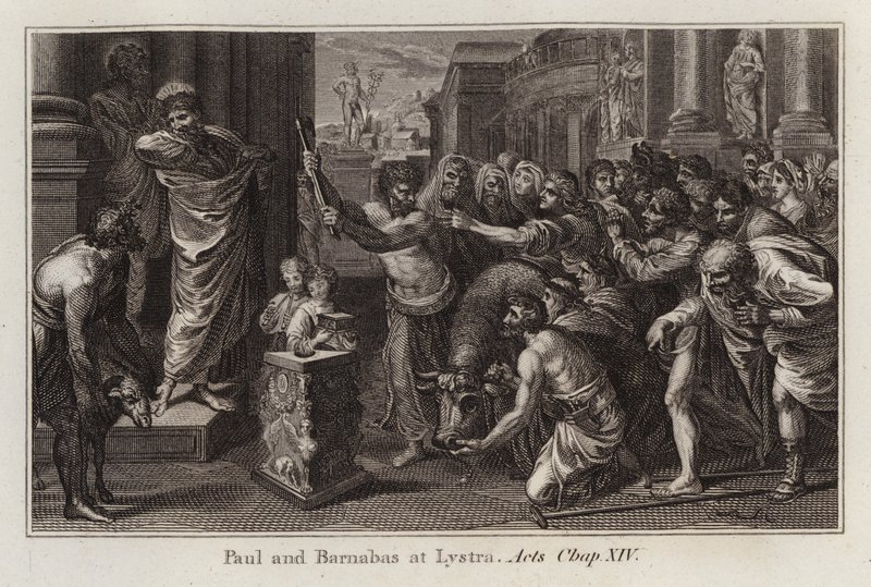 Cartone di Raffaello: Paolo e Barnaba a Listra, Atti, Cap. XIV (incisione) da after Raphael
