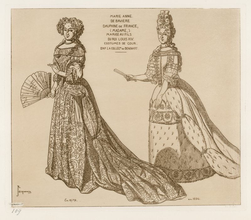 Costumi di corte. Maria Anna di Baviera, Delfina di Francia, sposata al figlio del Re Luigi XIV. Dopo un