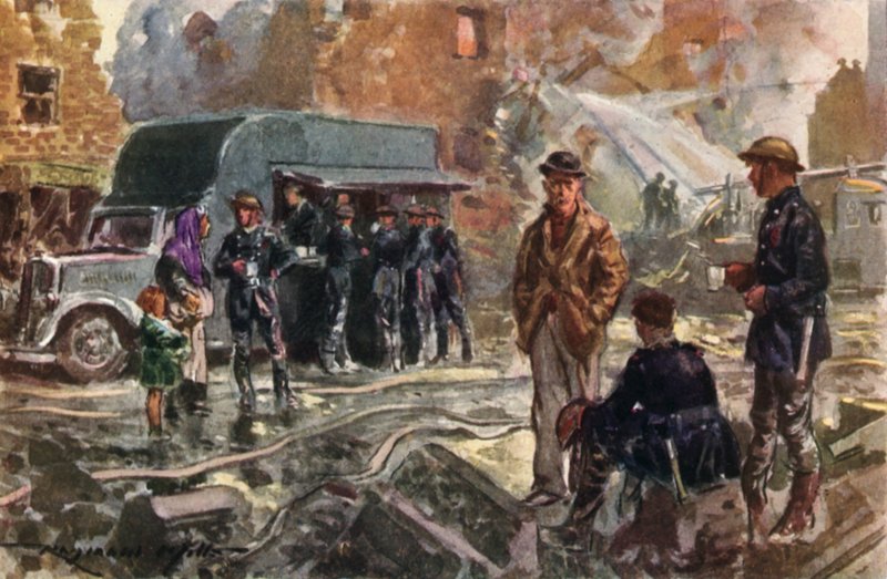 Vigili del fuoco del Servizio Nazionale Antincendio britannico in tempo di guerra che utilizzano una mensa mobile durante il Blitz, Seconda Guerra Mondiale da Reginald Mills