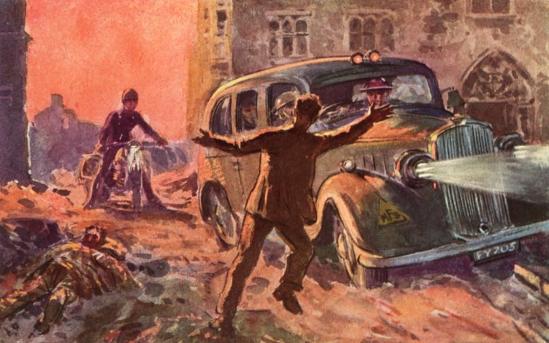Vigili del fuoco del Servizio Nazionale Antincendio britannico in tempo di guerra avvisati della presenza di una vittima gravemente ferita di un raid aereo, Seconda Guerra Mondiale da Reginald Mills