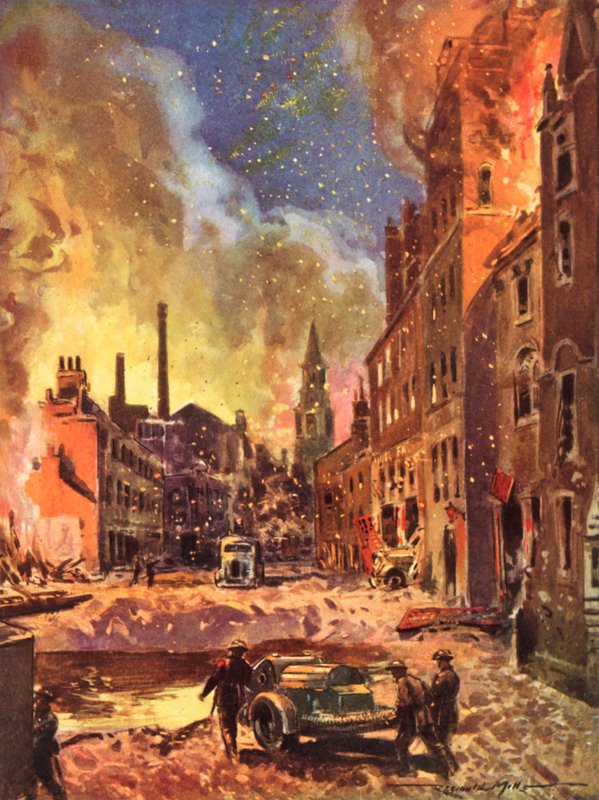 Vigili del fuoco del Servizio Nazionale Antincendio britannico in tempo di guerra che ispezionano un grande cratere di bomba durante il Blitz, Seconda Guerra Mondiale da Reginald Mills