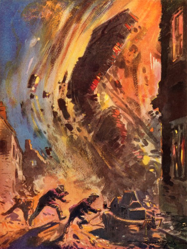 Pompieri del servizio antincendio nazionale britannico in fuga da un edificio in collasso durante il Blitz, Seconda Guerra Mondiale da Reginald Mills