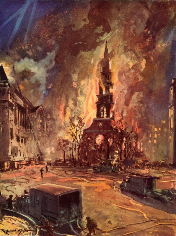 Chiesa di St. Clement Danes, Strand, Londra, in fiamme durante il Blitz, Seconda Guerra Mondiale da Reginald Mills