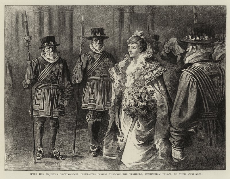 Dopo il Salotto di Sua Maestà, le debuttanti attraversano il vestibolo di Buckingham Palace per raggiungere le loro carrozze (incisione) da Reginald Thomas Cleaver