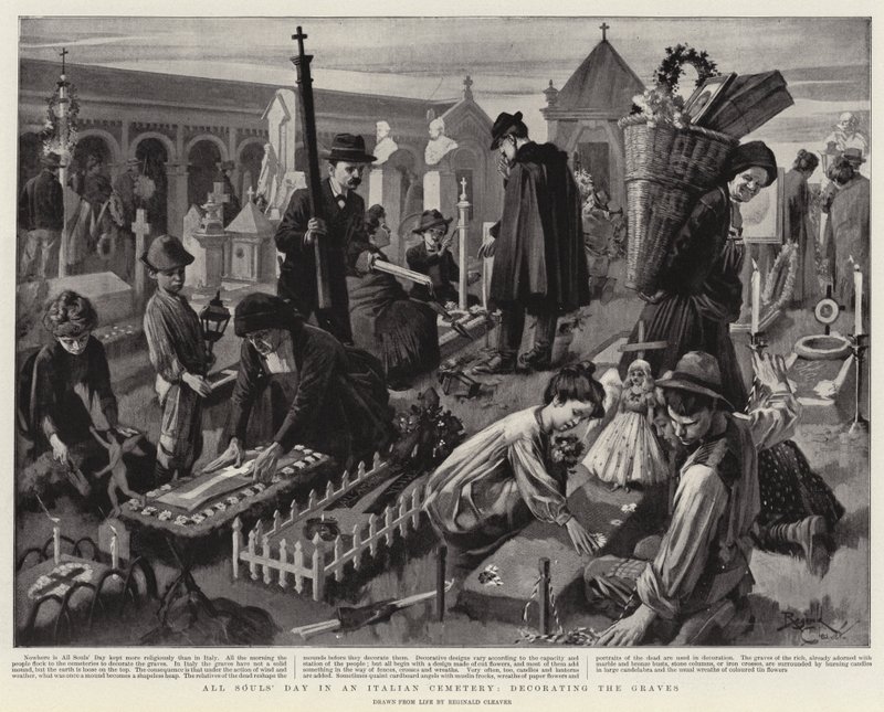 Il giorno di Ognissanti in un cimitero italiano, decorazione delle tombe (litografia) da Reginald Thomas Cleaver