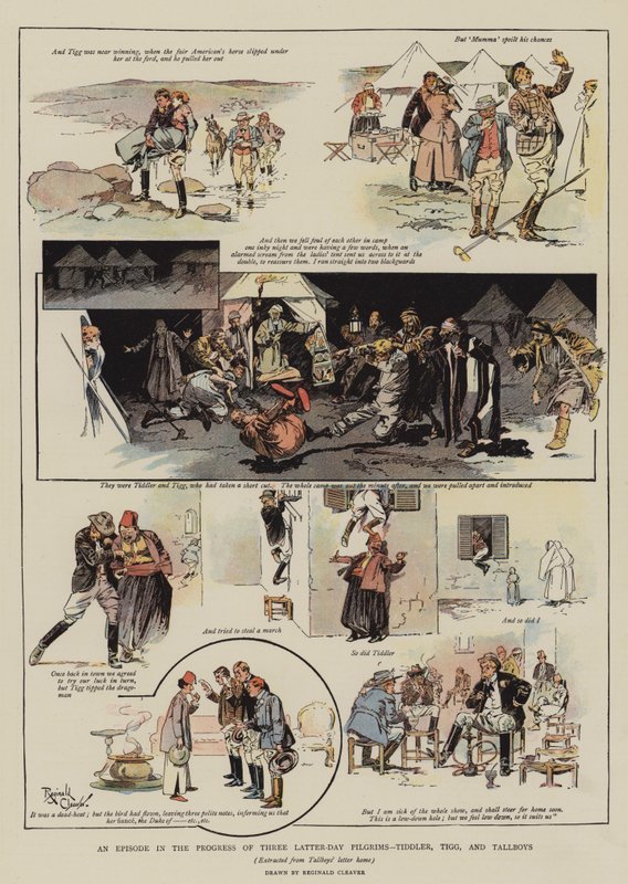 Un episodio dei progressi di tre pellegrini degli ultimi giorni, Tiddler, Tigg e Tallboys (cromolitografia) da Reginald Thomas Cleaver