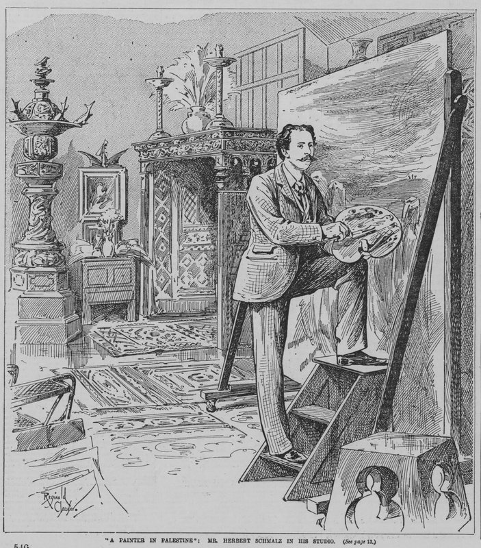Il pittore preraffaellita inglese Herbert Schmalz al lavoro nel suo studio (incisione) da Reginald Thomas Cleaver