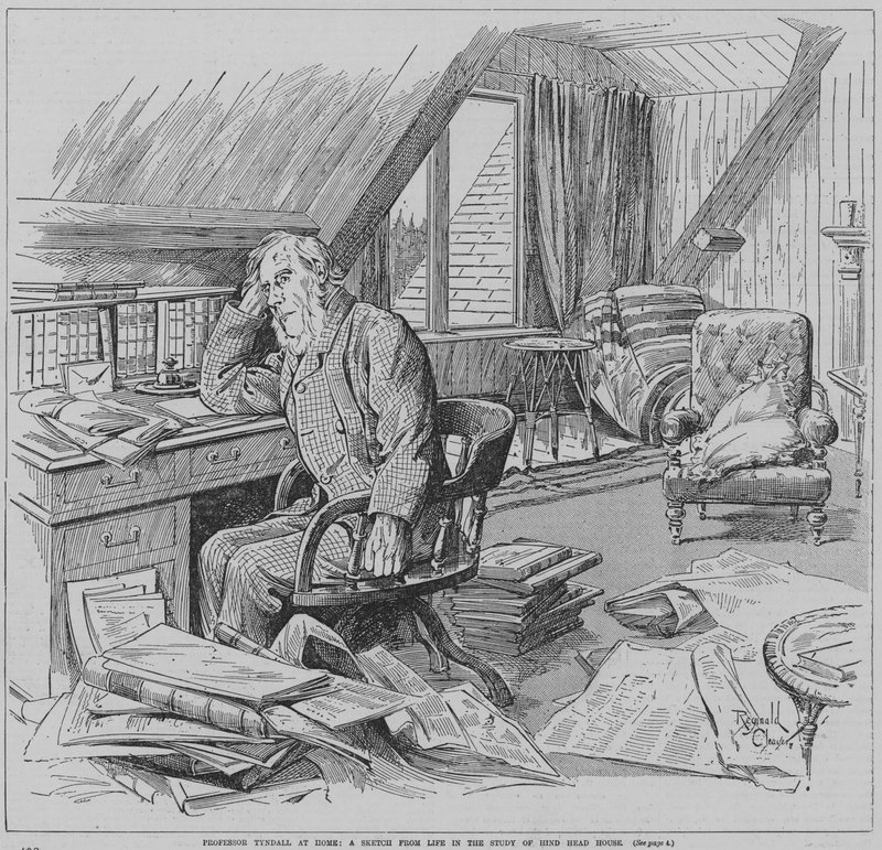 Il fisico inglese John Tyndall nello studio della sua casa, Hindhead House, Haslemere, Surrey (incisione) da Reginald Thomas Cleaver
