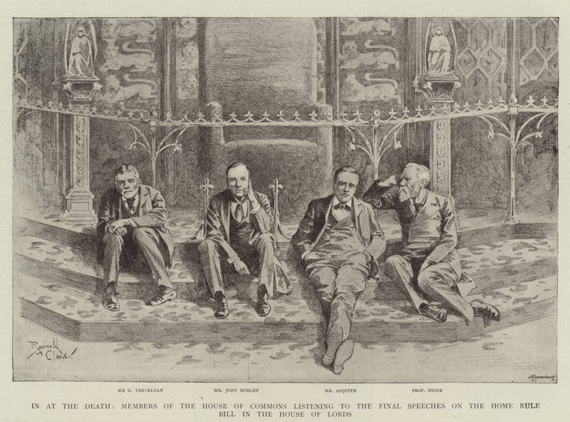 Alla morte, i membri della Camera dei Comuni ascoltano i discorsi finali sulla Home Rule Bill alla Camera dei Lord (incisione) da Reginald Thomas Cleaver