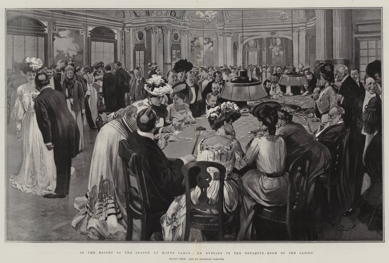 Nel pieno della stagione a Monte Carlo, una serata nella sala della roulette del Casinò (litografia) da Reginald Thomas Cleaver