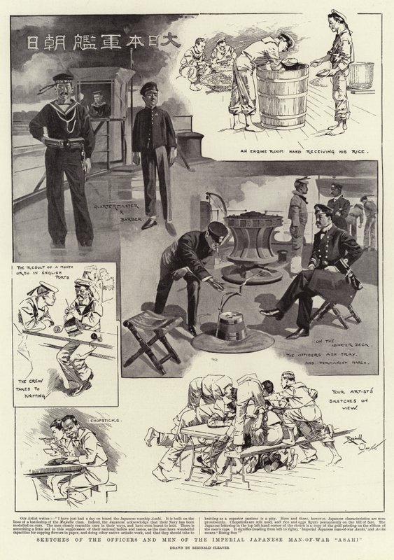 Schizzi degli ufficiali e degli uomini della nave da guerra imperiale giapponese "Asahi" (litografia) da Reginald Thomas Cleaver
