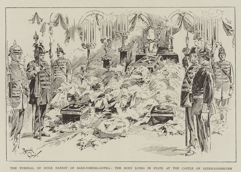 Funerale del duca Ernesto di Sassonia-Coburgo-Gotha, la salma giace in stato di riposo nel castello di Reinhardsbrunn (incisione) da Reginald Thomas Cleaver