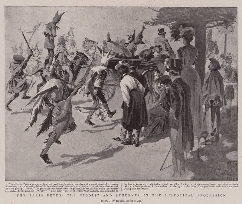 Le feste di Parigi, i "matti" e gli studenti nel corteo storico (litografia) da Reginald Thomas Cleaver