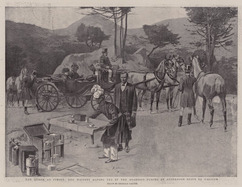 La regina a Cimiez, Sua Maestà prende un tè sul ciglio della strada durante un pomeriggio di viaggio verso Falicon (litografia) da Reginald Thomas Cleaver