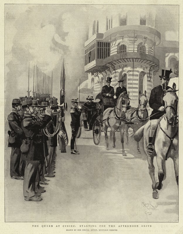 La regina a Cimiez, in partenza per il viaggio pomeridiano (litografia) da Reginald Thomas Cleaver