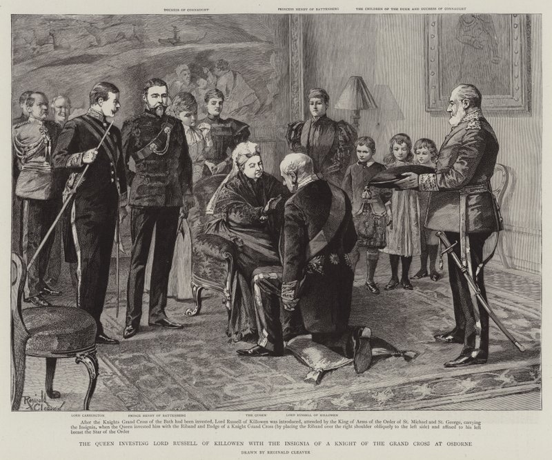 La Regina investe Lord Russell di Killowen con le insegne di Cavaliere di Gran Croce a Osborne (incisione) da Reginald Thomas Cleaver