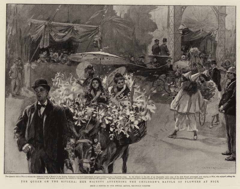 La Regina in Riviera, Sua Maestà partecipa alla Battaglia dei Fiori dei bambini a Nizza (litografia) da Reginald Thomas Cleaver