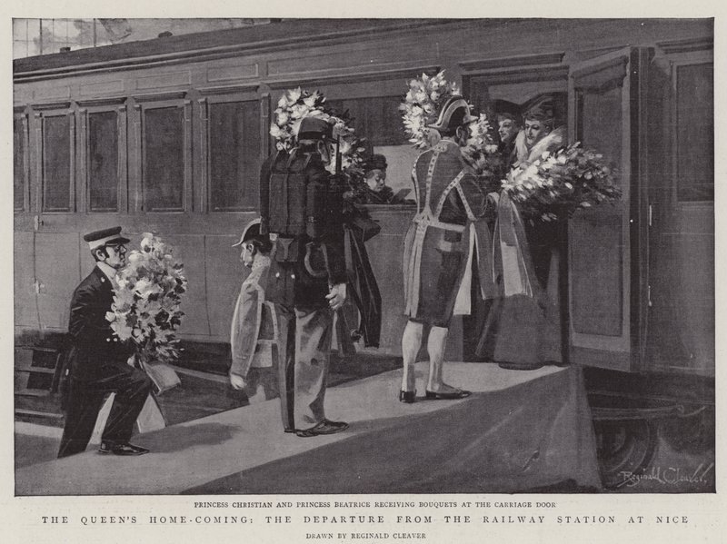 Il ritorno a casa della regina, la partenza dalla stazione ferroviaria di Nizza (litografia) da Reginald Thomas Cleaver