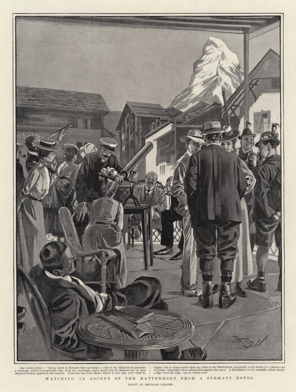 Osservare la scalata del Cervino da un hotel di Zermatt (litografia) da Reginald Thomas Cleaver